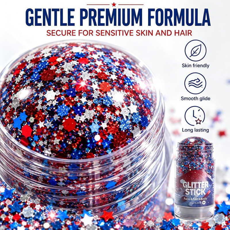 4th of July Face Glitter Stick, 2026 New Patriotic Red