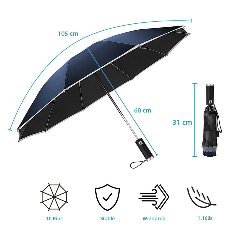 Pioggistar Windproof Folding Umbrella, Automatic Reverse Umbrella, Large Rain Umbrella,