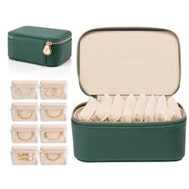 Vlando Travel Jewelry Box Organizer - 8 Small Velvet Zipped Pouches Pockets for Jewelries Necklaces Rings Earrings Sorting Storage, Dark Green