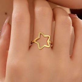 AAVOEIN Hollow Star Open Ring for Women 925 Sterling Silver Punk Aesthetic Ring for Men Band Adjustable Stackable Knuckle Ring 14k Gold Plated Vintage Minimalist Friendship Promise Ring Jewelry Gifts (Gold)