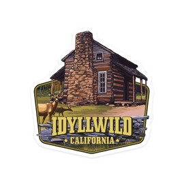 Die Cut Sticker Idyllwild, California, Deer Family and Cabin Scene, Contour Vinyl Sticker 3 to 6 inches, (Waterproof Decal for Cars, Water Bottles, Laptops, Coolers), Large