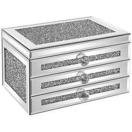 CITYLOVE Jewelry Boxes for Women Modern Glass Jewelry Box Organizer 3-Layer 2 Drawers,Lots of Storage Space,Best Birthday Gifts for Women/Silver