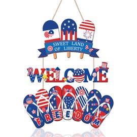 HOURIA 4th of July Door Sign,Independence Day Patriotic Door Hanger, Red with Blue Sweet Land of Liberty Door Decor, Colorful Ice Cream Flip Flops Summer Welcome Door Decor for Party Front Door Farmhouse