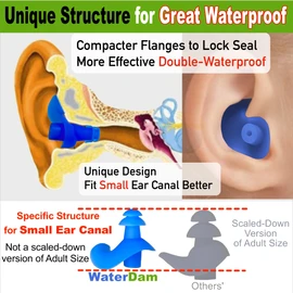 WaterDam Swimming Ear Plugs - Ultra Comfy Waterproof Earplugs Prevent Swimmer's Ear (Small, Medium, Large - Blue, Black)