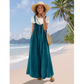 YESNO Casual Wide Leg Jumpsuits for Women Boho Floral Pleated Overalls Rompers Summer Outfits with Pockets L P0D Solid Dark Cyan