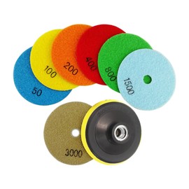 SHDIATOOL Dry Diamond Polishing Pads 7PCS Set Mixed Grits and a M14 Plastic Pad Attachment for Granite Marble Stone Ceramic Dia 4 Inch 100mm
