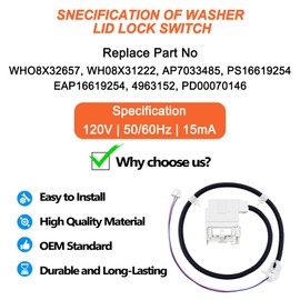 WH08X32657 Washer lid Lock and Harness for GE, Replace WH08X31222 4963152 AP7033485 PD00070146 PS16619254, for Model GTW335ASN2WW GTW465ASN2WW GTW465ASN9WW HTW240ASK6WS GTW220ACK7WW GTW465ASN3WW