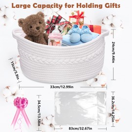 SelfTek Gift Basket Hamper Kit, Rope Basket with Cellophane Bags, Raffia and Pull Bows Woven Storage Baskets Empty Gift Basket for Baby Shower, Wedding, Birthday, 33 x 24 x 15 cm