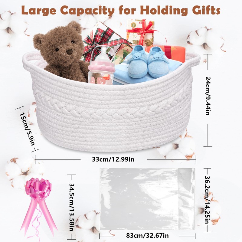 SelfTek Gift Basket Hamper Kit, Rope Basket with Cellophane Bags,