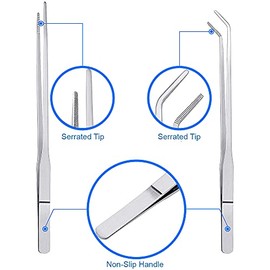 MMOBIEL MMOBIEL 2 Pcs Stainless Steel Tweezers/Tong 27cm / 10.6 inch Extra Long Straight/Curved with Precision Serrated Tip for Aqua scaping, Garden Work, Cooking, Industrial Work, Laboratory Use.
