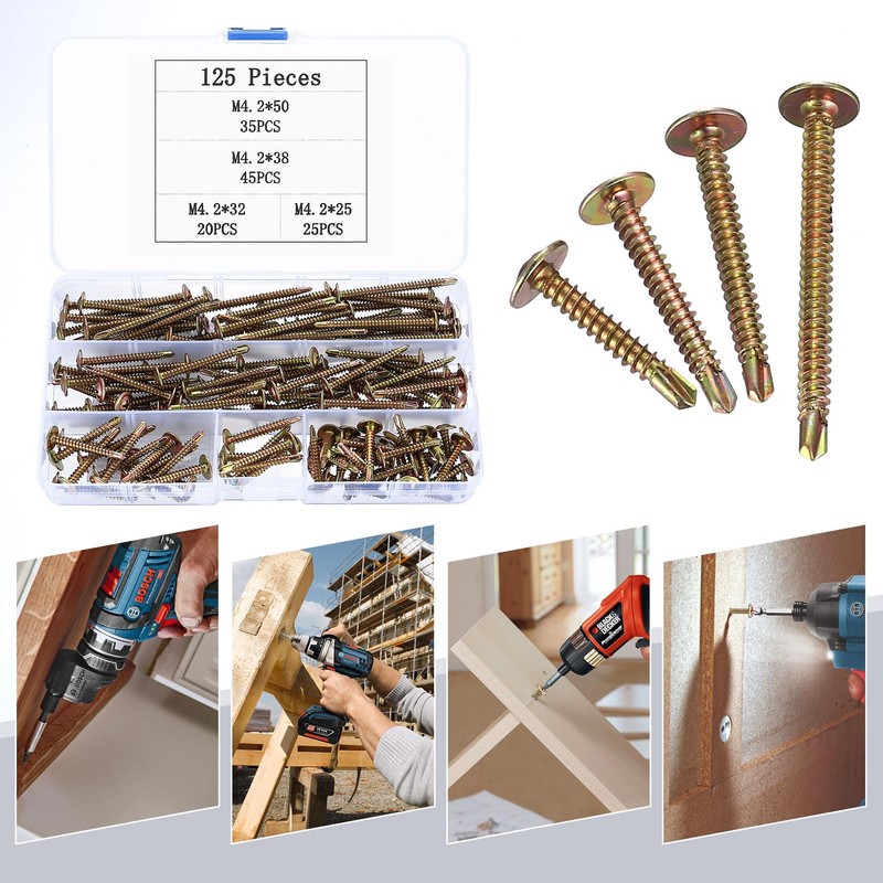 M4.2 Drilling Screws, Self-Drilling Screws, Pack of 125 Self-Tapping Screws,
