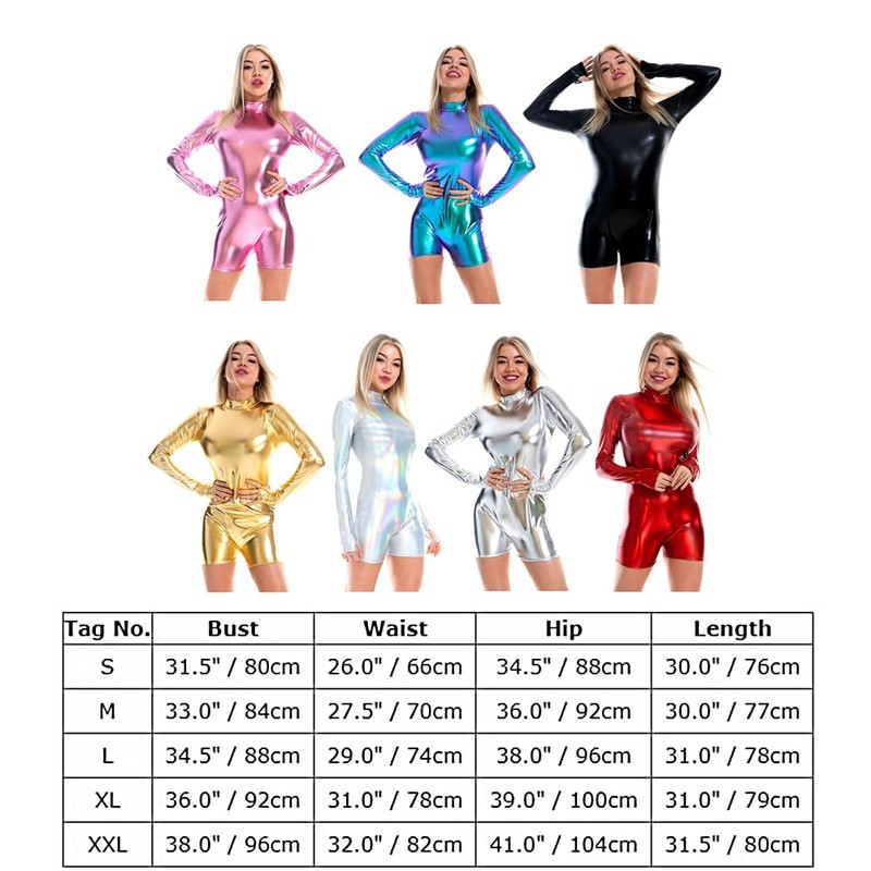 Odizli Women's Lacquer Long Sleeve Body Wetlook Leotard Top Shiny