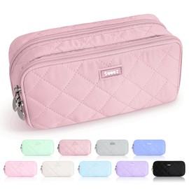 Sooez Large Pencil Case Pouch, Extra Big Pencil Bag with 8 Compartments, Pen Bag Wide Opening, Soft Quilted Pencil Pouch Organizer with Zipper, Portable Pencil Case for Teen Girls, Blush