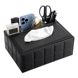 BTSKY PU Leather Household Office Rectangular Tissue Box with Remote Control Storage Holder - Desktop Tissue Holder Organizer Storage Box Remote Container, Black