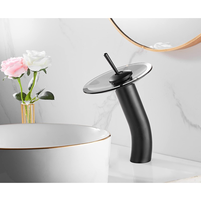 Waterfall Black Bathroom Vessel Faucet Glass Spout 360° Swivel Single