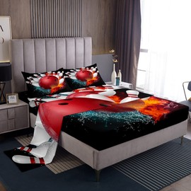 Erosebridal Bowling Party Sheet Set for Kids Boys Girls,Bowling Ball Bed Sheets Queen Size,Water and Fire Frame Bedding Set Bedroom Decor,Sports Ball Game Fitted Sheet + Top Sheet + 2 Pillowcases