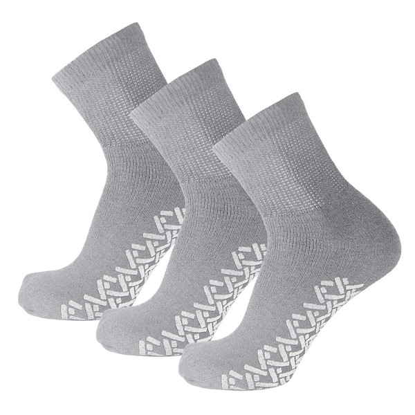 3 Pairs of Non-Skid Diabetic Cotton Quarter Socks with Non Binding Top (Grey, 10-13)