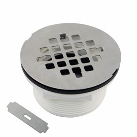 Brushed No Caulk Shower Drain, Welsan PVC Compression Shower Floor Drain with 4-1/4" Stainless Steel Round Grid Strainer Cover, Brushed Nickel