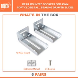 TOUCH Rear Mounting Drawer Slides Socket (6 Pairs, 12 Pcs) for 1.77" (45mm) Soft Close Side Mount Ball Bearing 3 Folds Metal Rails Track Guide Glides Runners
