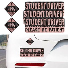 5PCS Non-Magnetic Student Driver Stickers – Reflective New Driver Sticker for Car Bumper & Window | Please Be Patient Rookie Safety Attention Sign for Novice Drives, Learner Drivers (Black/Pink)