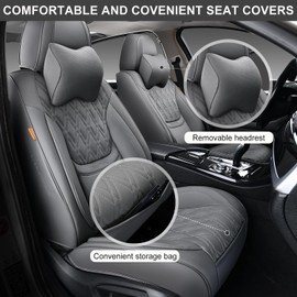 TINRAIYANG Car Seat Covers Full Set, Breathable Leather Automotive Front and Rear Seat Covers & Headrest, Universal Automotive Vehicle Seat Cover for Most Sedan SUV Pick-up Trucks, Gray