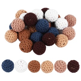 Asuinxurr Pack of 30 Wooden Beads, 20 mm, Wooden Beads for Threading, Crocheted Wooden Beads with Hole, Colourful Crochet Beads, Round Wooden Beads, Natural Crocheted Wooden Beads, Handmade Wooden
