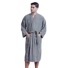 TOWELNROBE - Turkish Terry Bathrobe – Cotton Bathrobe for Men – Luxury Kimono Spa Robe – Soft and Fast Absorbent Bathrobes – Longwear Terry Bath Robe with Belt & Two Pockets-(Medium- Gray)