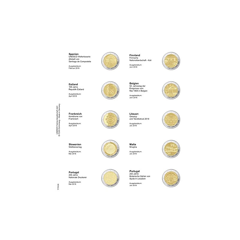 Lindner 1118-24 Illustrated Sheet for 2 Euro Commemorative Coins: Spain