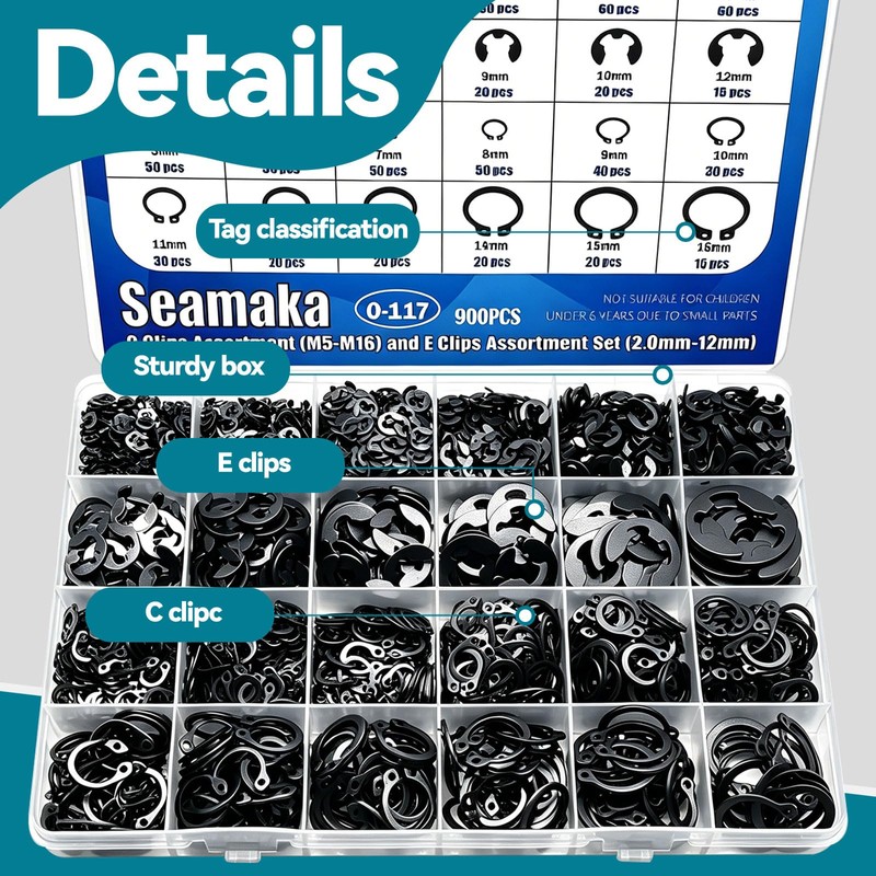 900Pcs E-Clips Assortment Set(2.0mm-12mm) and C Clips Assortment (M5-M16),Snap Rings