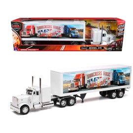 DCD Peterbilt 379 Truckers Rule America 1/32 Diecast Model White Dry Van Trailer for Long Haul Truckers Series 1