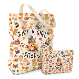 EIXU A Girl Loves Foxes Fox Stuff Fox Decor Canvas Tote Bag Reusable Grocery Bags With Pocket Makeup Bag Set for Work Shopping Travel Vacation Aesthetic Gifts for Women Girls Mom Birthday Friendship