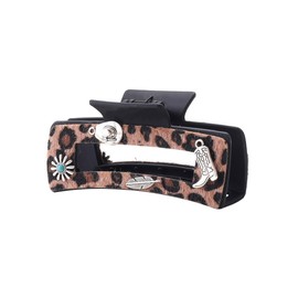 Large Western Leather Hair Clips with Flower Feather Cowboy Boot and Hat Charms,Big Open Shape Leopard Print Leather Hair Claw Clips for Thick Hair,Trendy Square Hair Accessories for Women