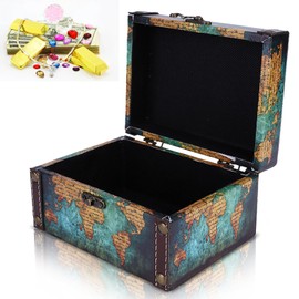 Cyrank Vintage Jewellery Box, Wooden Box with Lid with Retro World Map Pattern, Gift Box for Weddings, Small Wooden Box for Crafts, World Map Antique Wooden Storage Box (Blue)