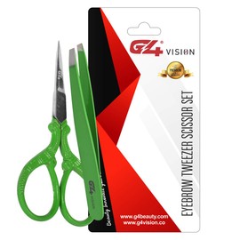 G4 Vision Eyebrow Slanted Tip Tweezer Curved Sharp Edge Blades Scissor Pack of 2 Stainless Steel Cuticle Pedicure Beauty Kit for Nail Eye brow Eyelash Silver (Green)