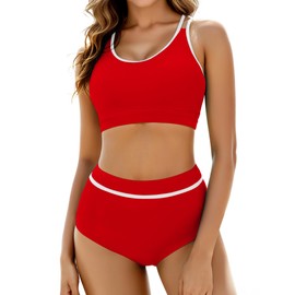 Women Two Piece Bathing Suits Push Up Bikini Set Sporty Color Block Swimsuit Tops with High Waisted Bikini Bottoms Red XXL