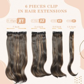 Alitozz Clip in Hair Extensions 6PCS 20 Inch - Highlight Mixed Brown Synthetic Hair with Seamless Removable Clips for Women, Natural Look for Daily & Party Use