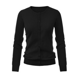 Veryoung Women's Lightweight Button Down Long Sleeve Crewneck Cardigan Sweater Black, M