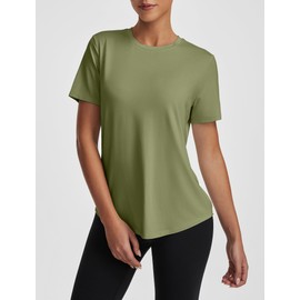 kakola Women's Short Sleeve Workout Tops Running Athletic Shirts Lightweight Yoga Gym Curved Hem T-Shirts Army Green