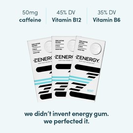 ZENERGY Energy Gum - Mint Flavor | 50mg Caffeine + 35% B6 and 45% B12 Vitamin | Vegan, 0 Sugar, 0 Calories, 0 Gluten, 0 Aspartame, Non-GMO, Instant Action | 3 Pack = 24 Count