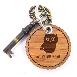 Mr. & Mrs. Panda Round Wave Owl Side Wings Keyring Gift Bag Charm Lucky Charm Night Active Lanyard Owl, Wood, neutral