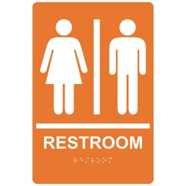 ComplianceSigns.com Restroom Sign, ADA-Compliant Braille and Raised Letters, 9x6 in. White on Orange Acrylic with Adhesive Mounting Strips