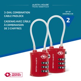 Austin House Travel Essentials Luggage Lock – 3-Dial Combination Cable Padlock with Strong Metal Housing & Steel Cable Shackle, Travel Sentry Approved & TSA Accepted – Red (2 Packs)