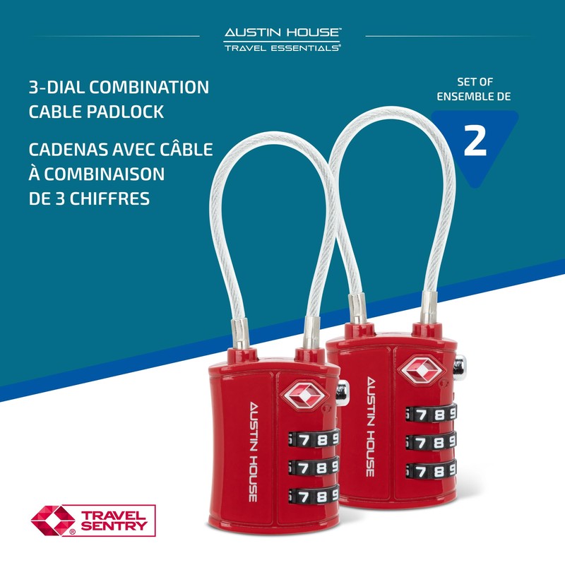 Austin House Travel Essentials Luggage Lock – 3-Dial Combination Cable