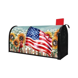 Sunflower Patriotic Mailbox Covers Magnetic Standard Size 21" X 18" Spring Summer American Flag Welcome Mailbox Wraps Post Letter Box Cover for Garden Yard Home Decor Outdoor Decorations