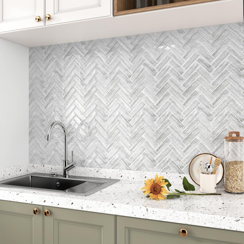 Wallercity Gray Herringbone Marble Peel and Stick Backsplash 10-Sheets Marble