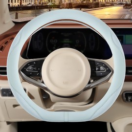 Binsheo 14 inch D Shaped Steering Wheel Cover for Prius Civic, Nappa Microfiber Leather Non-Slip Breathable Fabric, Warm in Winter and Cool in Summer, Blue(14-14.25inch)