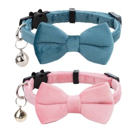 Gyapet Cat Collar Soft Velvet with Bow Tie Bell Breakaway Safety Boy Girl Kitten Basic Pure Colors Male Female [2pcs] Blue & Pink