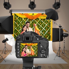 Baocicco 5x3ft India Pooja Photography Backdrop Yellow Flower Green Flower Wall Hindu Photography Background Indian Wedding Puja Ganpati Pooja Traditional Mehndi Festival for Kids Adult Studio Video