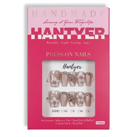 Hantyer Press On Nail Kits - 10pcs Handmade Acrylic False Nails In Pink With Flowers, Short Coffin Shape, Rhinestone And 3D Cat Eye Design For Women - Multi-Layer Gel, Reusable Salon Nails