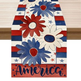 XCHI Watercolor Flowers Patriotic America Stars 4th of July Memorial Day Independence Day Table Runner Table Decoration for Home Kitchen Holiday Party 13x60 Inch